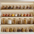 Neatly Arranged Kitchen Spice Jars On Built-in Wooden Shelves With Multiple Layers