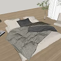 Modern Minimalist Double Bed With Wooden Headboard White Black Pillows Gray Blanket And Wooden Floor