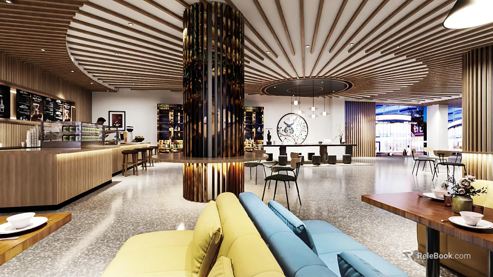 Modern Cafe Interior Design With Wooden Ceiling Sofa Seating And Bar Counter 3d model 