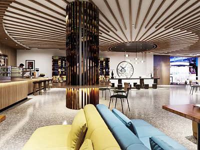 Modern Cafe Interior Design With Wooden Ceiling Sofa Seating And Bar Counter 3d model
