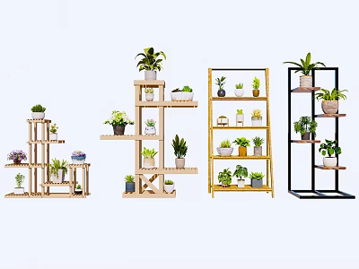 Decorative Indoor Plant Stands With Multiple Tiers Holding Various Small Plants 3d model