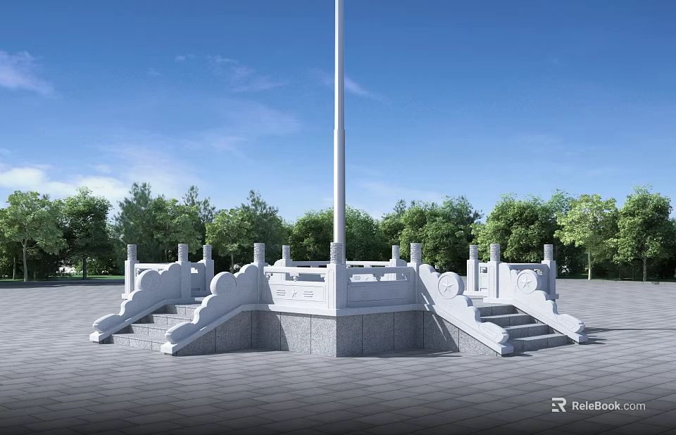 White Flagpole With Stone Railing And Steps In Open Square Under Blue Sky 3d model 