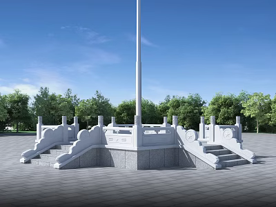 White Flagpole With Stone Railing And Steps In Open Square Under Blue Sky 3d model