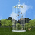 White Birdcage Art Installation Placed On Green Grass Field With Small Trees