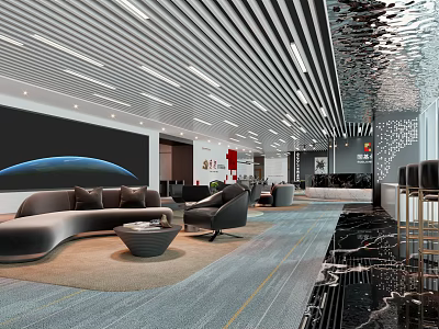 Modern Lounge Area Interior Design With Curved Sofa Coffee Table And Striped Ceiling 3d model