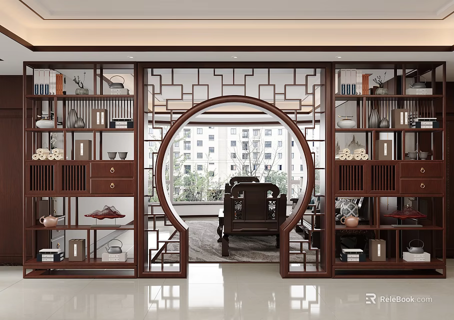 Chinese Wooden Partition with Circular Arch and Display Shelves on Both Sides in Living Room 3d model 