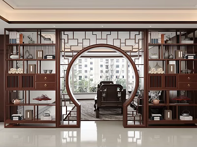 Chinese Wooden Partition with Circular Arch and Display Shelves on Both Sides in Living Room 3d model