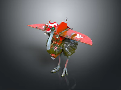 Detailed 3D Ostrich Model With Green Body Red Mechanical Panels And Emblem Design 3d model