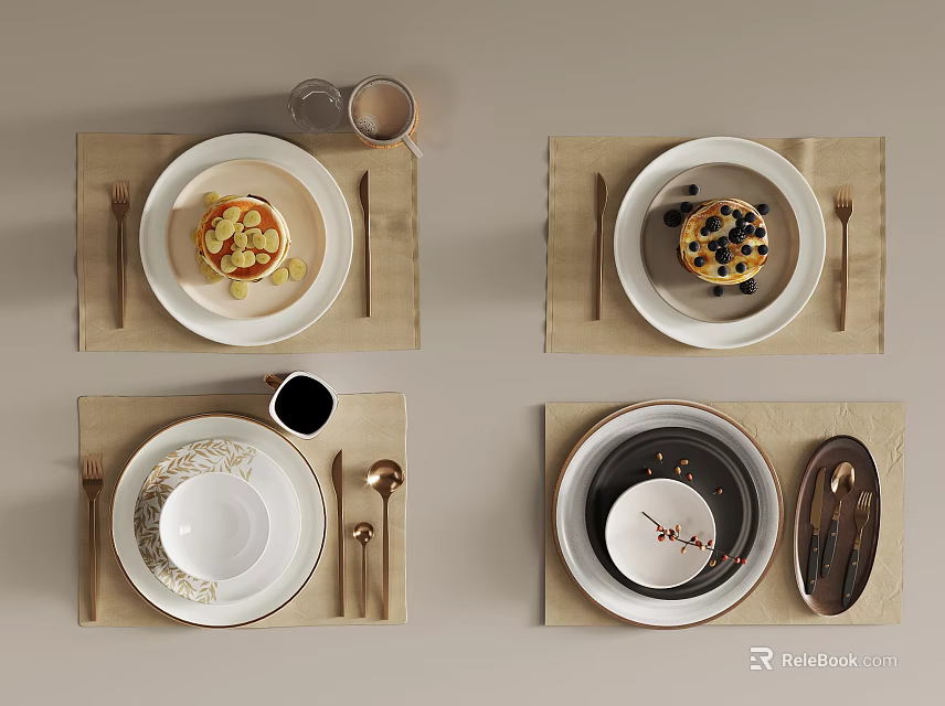 Modern Dinnerware Set with Plates Bowls Cutlery and Cups on Beige Placemats 3d model 