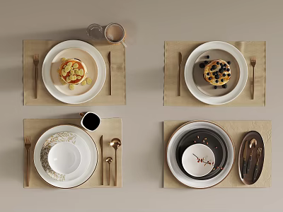 Modern Dinnerware Set with Plates Bowls Cutlery and Cups on Beige Placemats 3d model
