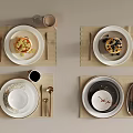 Modern Dinnerware Set with Plates Bowls Cutlery and Cups on Beige Placemats