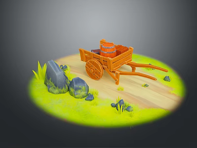 Wooden Cart With Barrel On Grass Path Surrounded By Stones 3d model