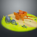 Wooden Cart With Barrel On Grass Path Surrounded By Stones