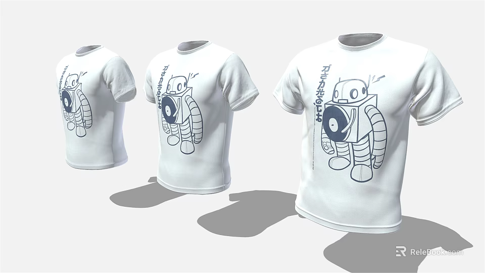 Three White T-shirts With Robot Illustration Design Shown In Different Angles 3d model 