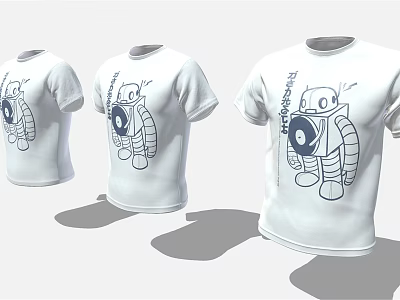 Three White T-shirts With Robot Illustration Design Shown In Different Angles 3d model