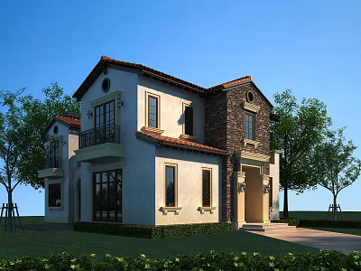 Detached Villa Exterior with Red Tile Roof White Brown Brick Balcony Windows and Green Trees 3d model