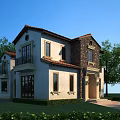 Detached Villa Exterior with Red Tile Roof White Brown Brick Balcony Windows and Green Trees