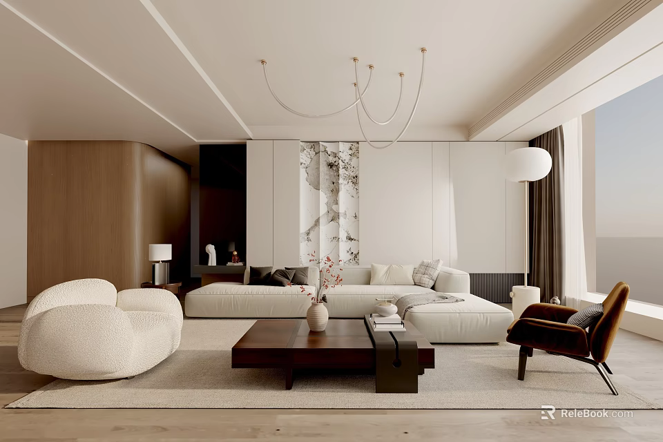 Modern Living Room Interior With Curved Fabric Sofa Wooden Coffee Table And Chandelier 3d model 