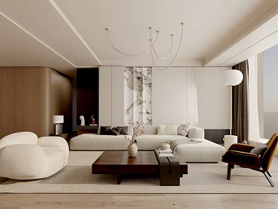 Modern Living Room Interior With Curved Fabric Sofa Wooden Coffee Table And Chandelier 3d model