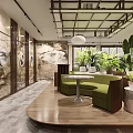 Modern Restaurant Interior With Green Sofa Seating Marble Round Tables Plants And Pendant Lights