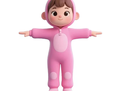 Cute Cartoon Game Movie Character In Pink Onesie With Arms Outstretched 3d model