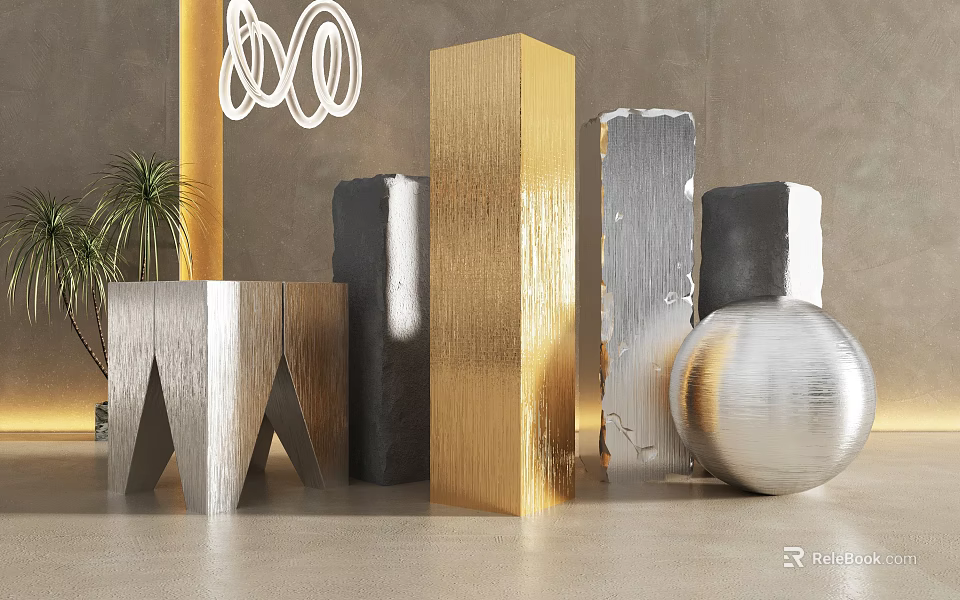 Modern Metallic Columns In Interior With Sphere And Plant 3d model 