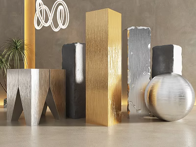 Modern Metallic Columns In Interior With Sphere And Plant 3d model