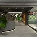 Modern Restaurant Interior Featuring Buffet Counter White Tableware Plant Decorations And Ceiling Lights 3d model