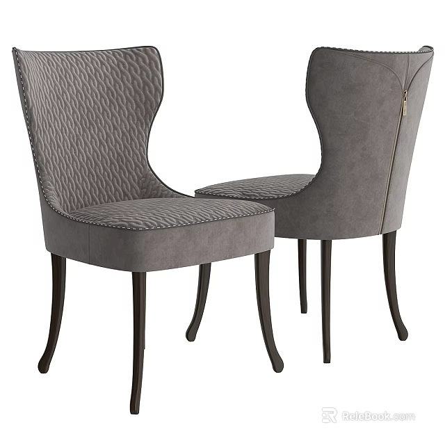 Elegant Gray Fabric Accent Chair With Textured Backrest And Dark Wooden Legs 3d model 