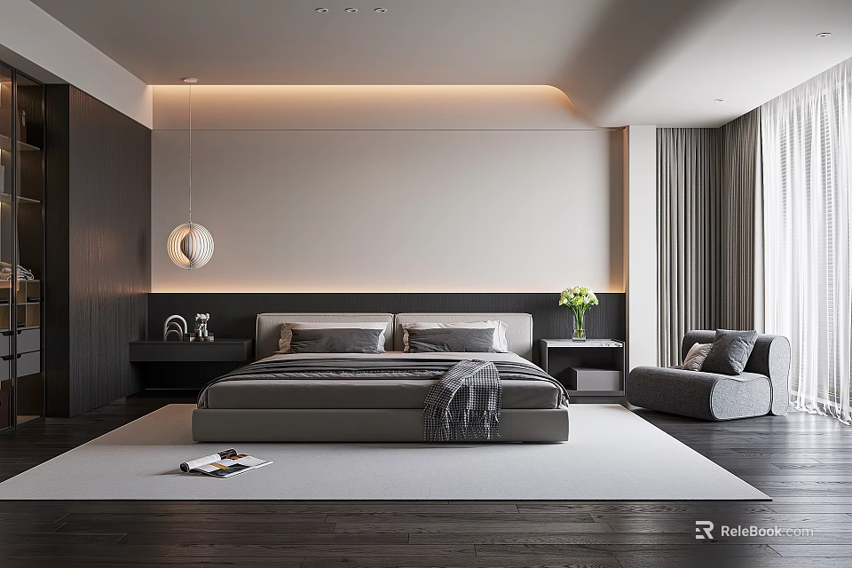 Modern Bedroom Interior Design With Large Bed Nightstands Pendant Light Area Rug And Armchair 3d model 