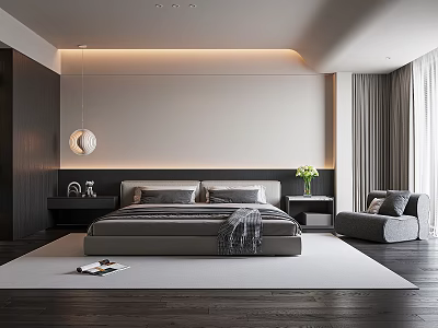 Modern Bedroom Interior Design With Large Bed Nightstands Pendant Light Area Rug And Armchair 3d model