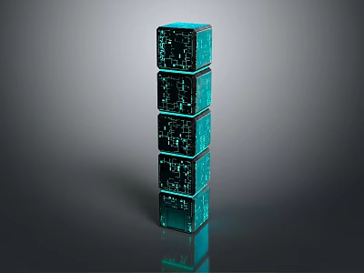 Stacked Teal Cubes With Circuit Board Patterns And Reflective Surfaces 3d model