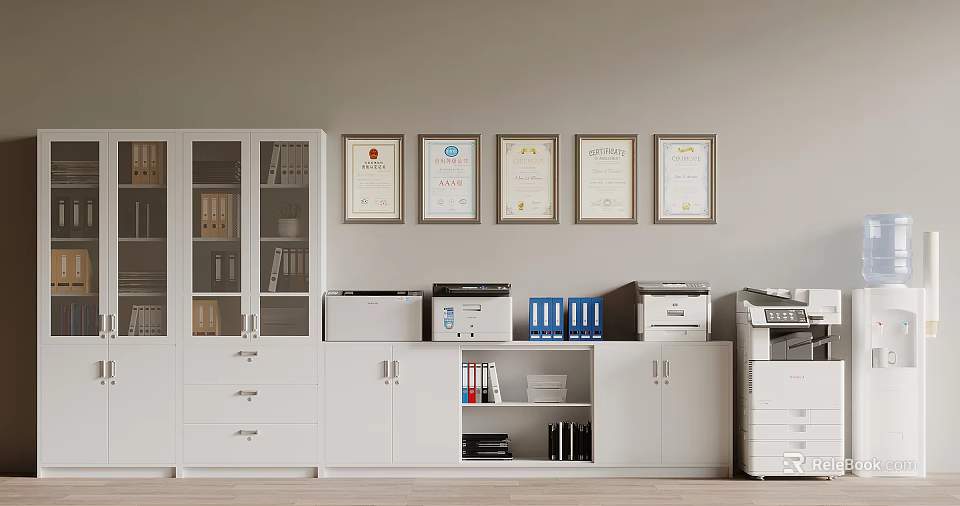 White Bookcase With Glass Doors Alongside File Cabinets Printers Folders on Top Framed Certificates on Wall 3d model 