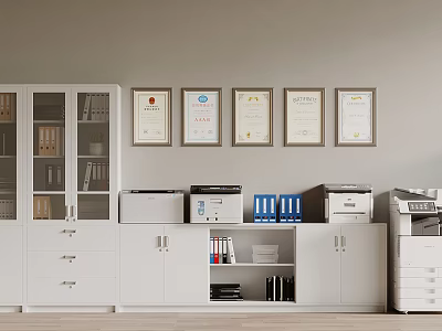 White Bookcase With Glass Doors Alongside File Cabinets Printers Folders on Top Framed Certificates on Wall 3d model
