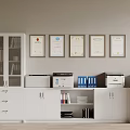 White Bookcase With Glass Doors Alongside File Cabinets Printers Folders on Top Framed Certificates on Wall