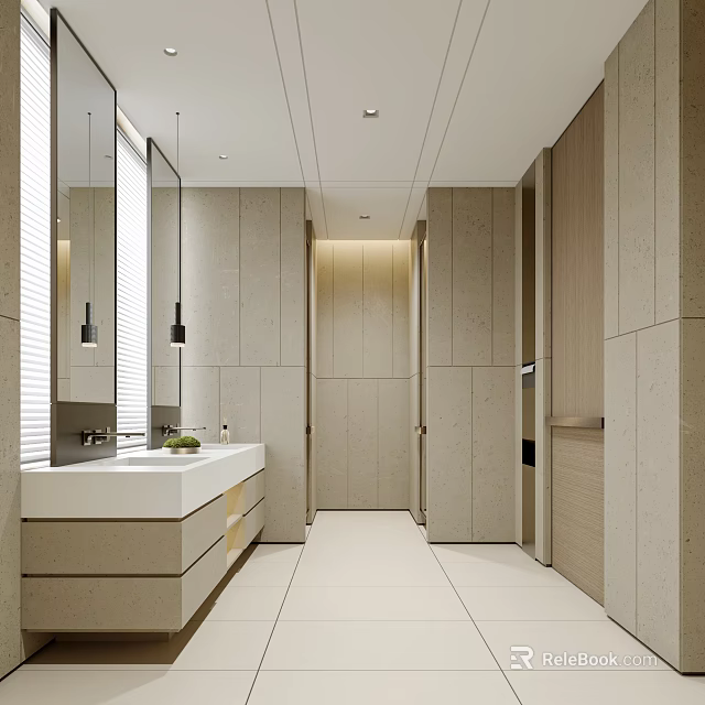 Modern Public Restroom With Vanity Mirror And Sleek Layout 3d model 