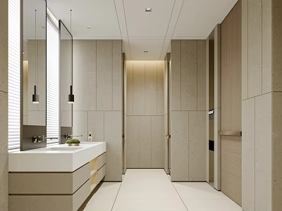 Modern Public Restroom With Vanity Mirror And Sleek Layout 3d model