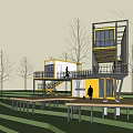 Modern Container Homestay Building With Yellow White Exterior Balconies And Trees