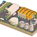 Cartoon Factory Scene With Yellow Roofed Building Storage Tanks Trucks Roads And Greenery