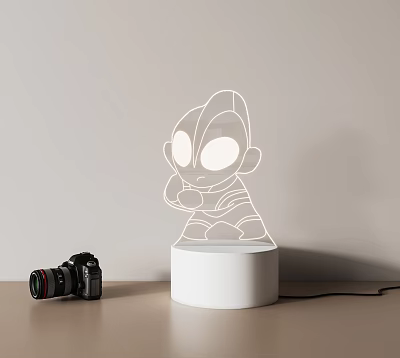 Cartoon Outline Table Lamp With Glowing Eyes And White Base Beside Camera 3d model