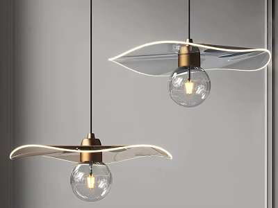 Modern Two Pendant Lights With Leaf Shaped Transparent Shades Brass Bases And Clear Bulbs 3d model