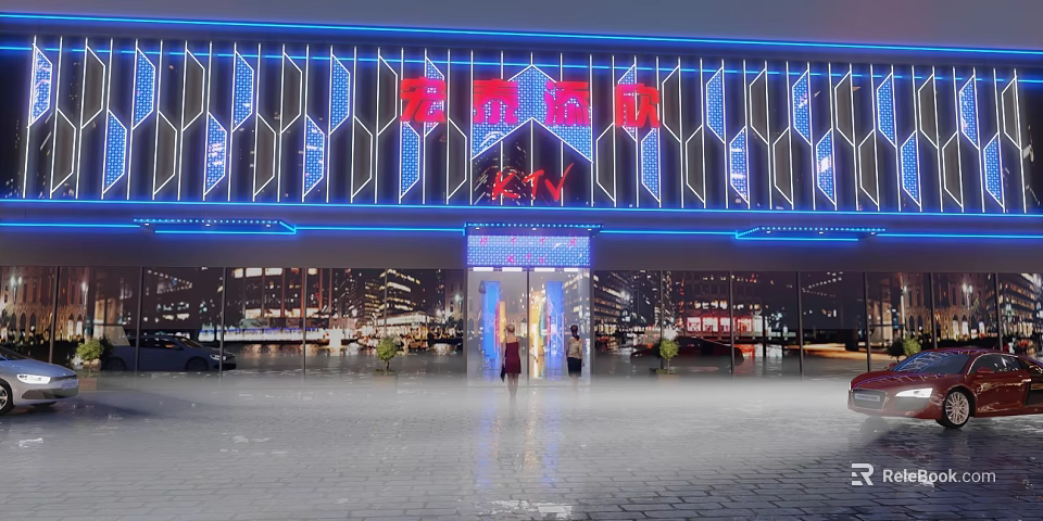 Modern Storefront Facade With Blue Neon Lights And Geometric Pattern Decorations 3d model 