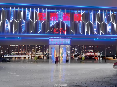 Modern Storefront Facade With Blue Neon Lights And Geometric Pattern Decorations 3d model