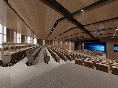 Spacious Service Hall Interior With Rows Of Seats Wooden Ceiling Large Screen And Windows 3d model