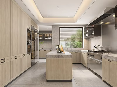 Modern Spacious Kitchen Interior With Wooden Cabinets Island Counter And Stainless Steel Appliances 3d model