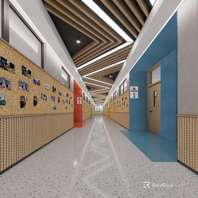 School Hallway with Student Works Display Walls Wooden Panels and Bright Lighting 3d model 