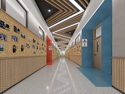 School Hallway with Student Works Display Walls Wooden Panels and Bright Lighting 3d model