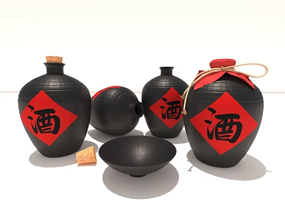 Black Wine Jars With Red Chinese Character Wine And Wooden Cork Bowl 3d model