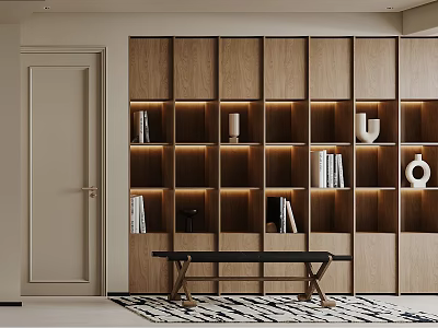 Modern Wooden Wine Cabinet with LED Lit Shelves Books and Decorative Vases in Interior Design 3d model