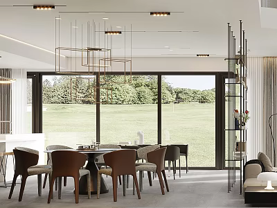 Modern Dining and Living Room Interior with Large Windows Outdoor View Hanging Chandeliers and Sofa 3d model